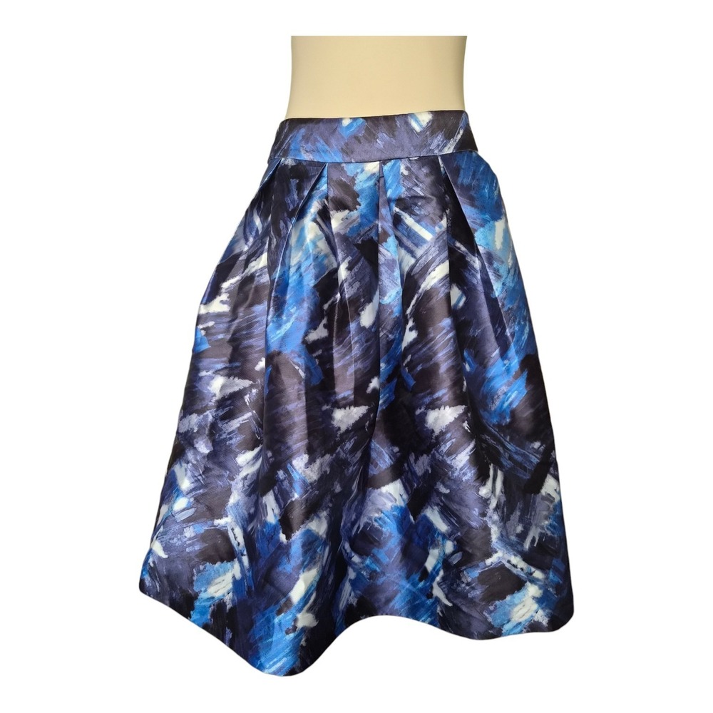 Emma Fischer Pleated Midi Skirt Blue Abstract Print Structured Tailored Sz L New